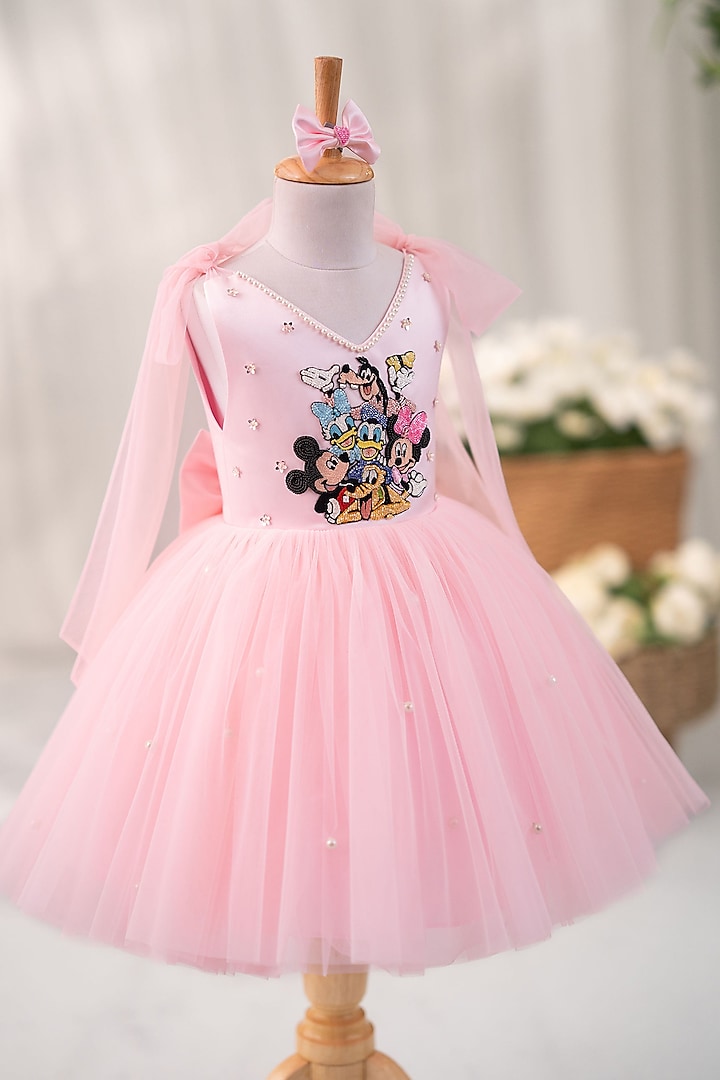 Pink Satin & Tulle Hand Embroidered Dress For Girls by Ruchikalathlabel at Pernia's Pop Up Shop