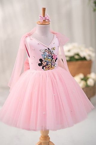 Pink Satin & Tulle Hand Embroidered Dress For Girls by Ruchikalathlabel