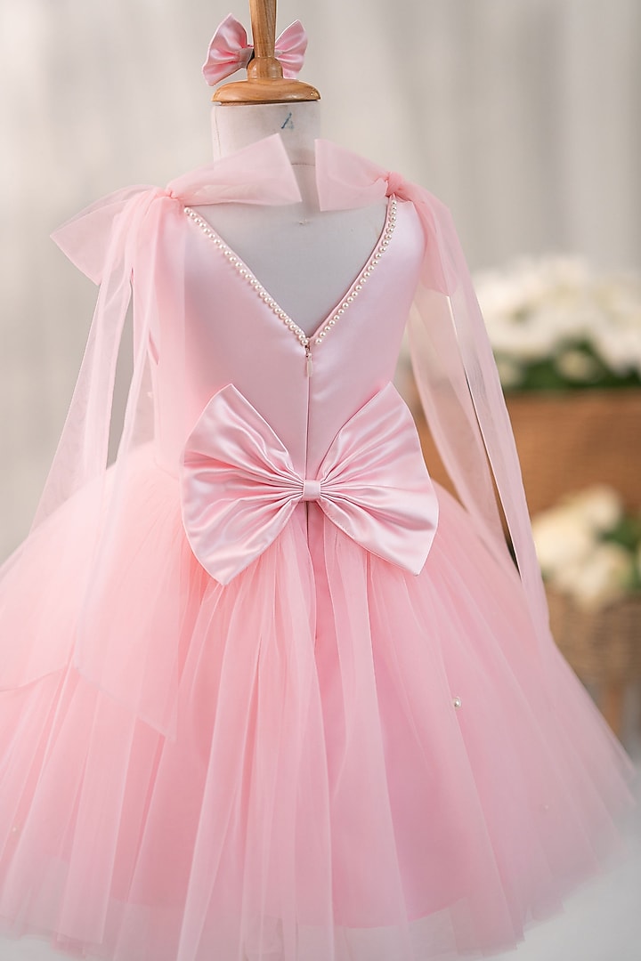 Pink Satin & Tulle Hand Embroidered Dress For Girls by Ruchikalathlabel at Pernia's Pop Up Shop