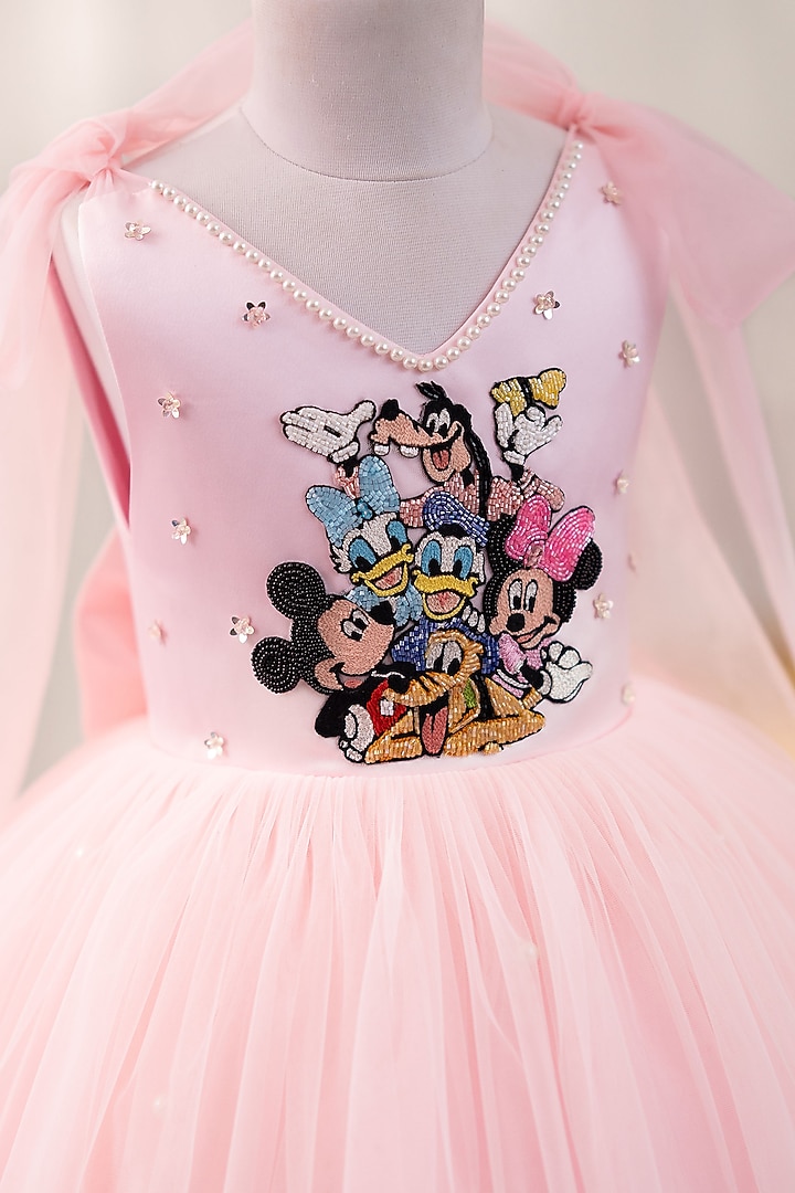 Pink Satin & Tulle Hand Embroidered Dress For Girls by Ruchikalathlabel at Pernia's Pop Up Shop