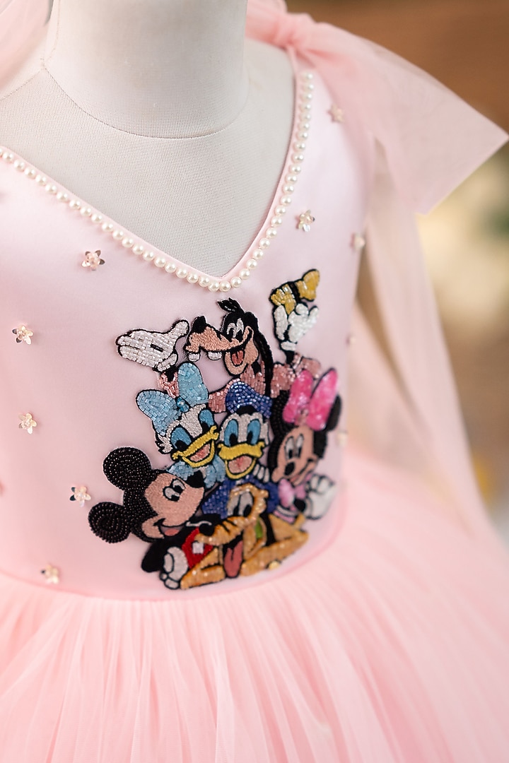 Pink Satin & Tulle Hand Embroidered Dress For Girls by Ruchikalathlabel at Pernia's Pop Up Shop