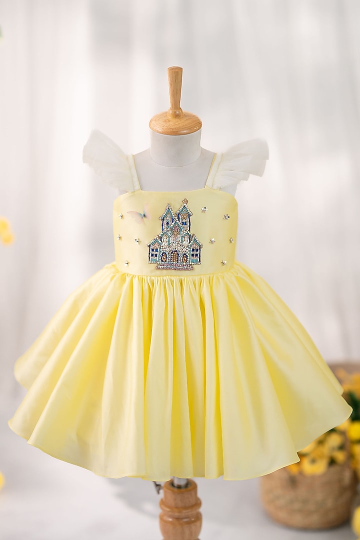 Pastel Yellow Taffeta & Tulle Hand Embellished Dress For Girls by Ruchikalathlabel at Pernia's Pop Up Shop