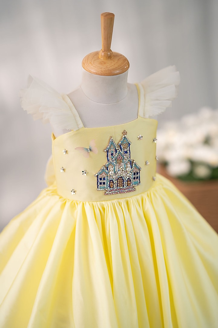 Pastel Yellow Taffeta & Tulle Hand Embellished Dress For Girls by Ruchikalathlabel at Pernia's Pop Up Shop