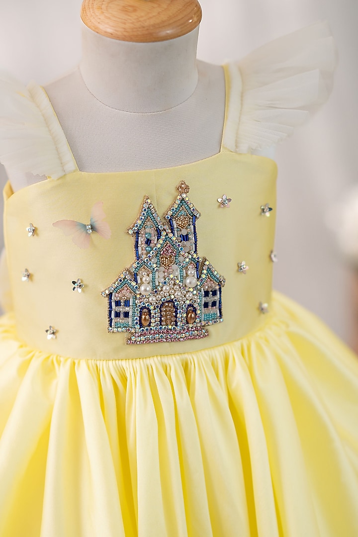 Pastel Yellow Taffeta & Tulle Hand Embellished Dress For Girls by Ruchikalathlabel at Pernia's Pop Up Shop