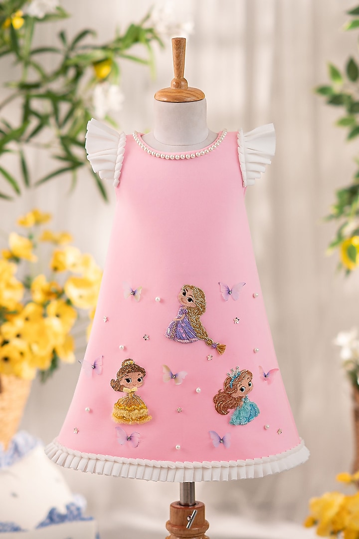 Pink Scuba Hand Embellished A-Line Dress For Girls by Ruchikalathlabel at Pernia's Pop Up Shop