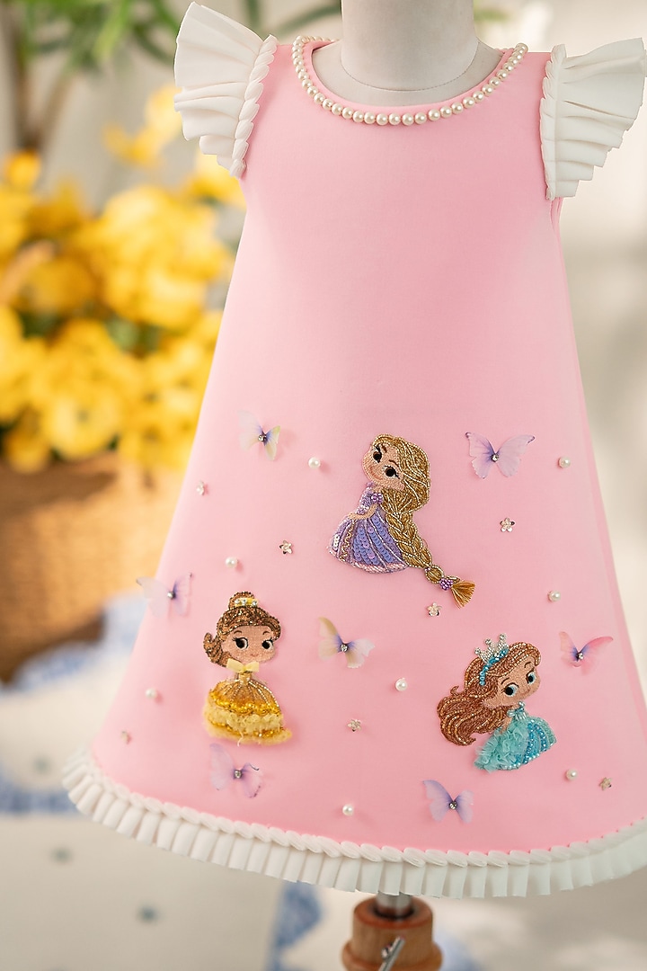 Pink Scuba Hand Embellished A-Line Dress For Girls by Ruchikalathlabel at Pernia's Pop Up Shop