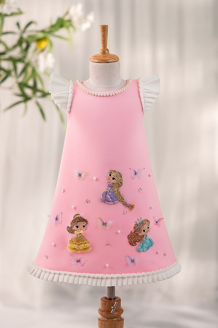 Pink Scuba Hand Embellished A-Line Dress For Girls by Ruchikalathlabel at Pernia's Pop Up Shop