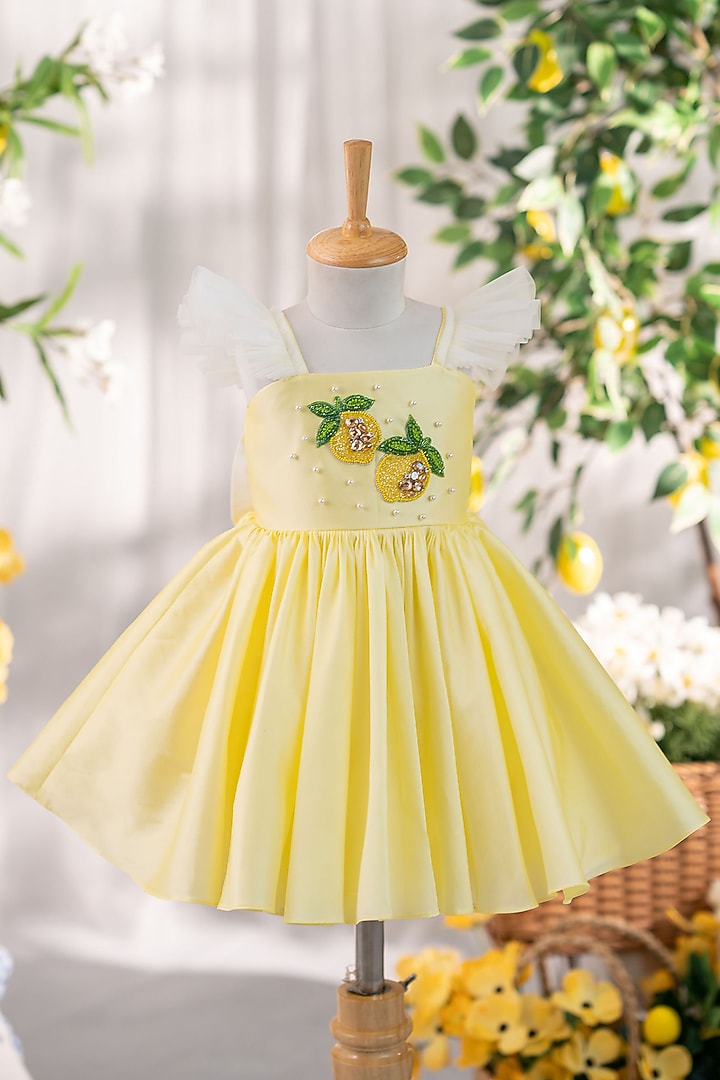 Pastel Yellow Taffeta & Tulle Hand Embellished Dress For Girls by Ruchikalathlabel at Pernia's Pop Up Shop