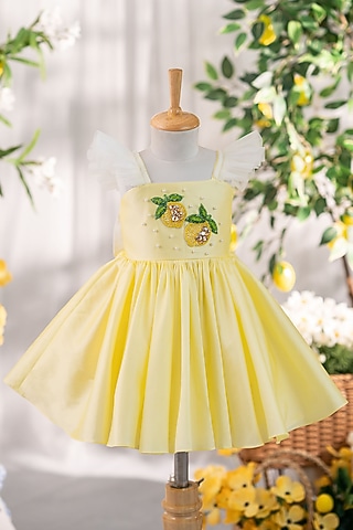 Pastel Yellow Taffeta & Tulle Hand Embellished Dress For Girls by Ruchikalathlabel