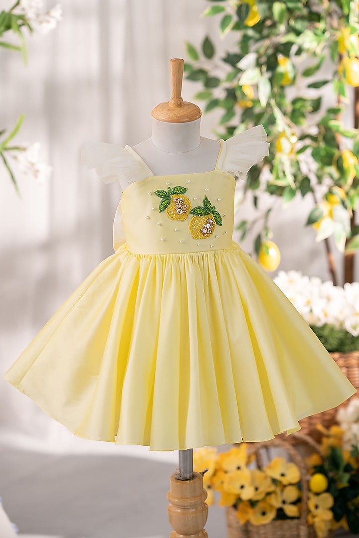 Pastel Yellow Taffeta & Tulle Hand Embellished Dress For Girls by Ruchikalathlabel at Pernia's Pop Up Shop