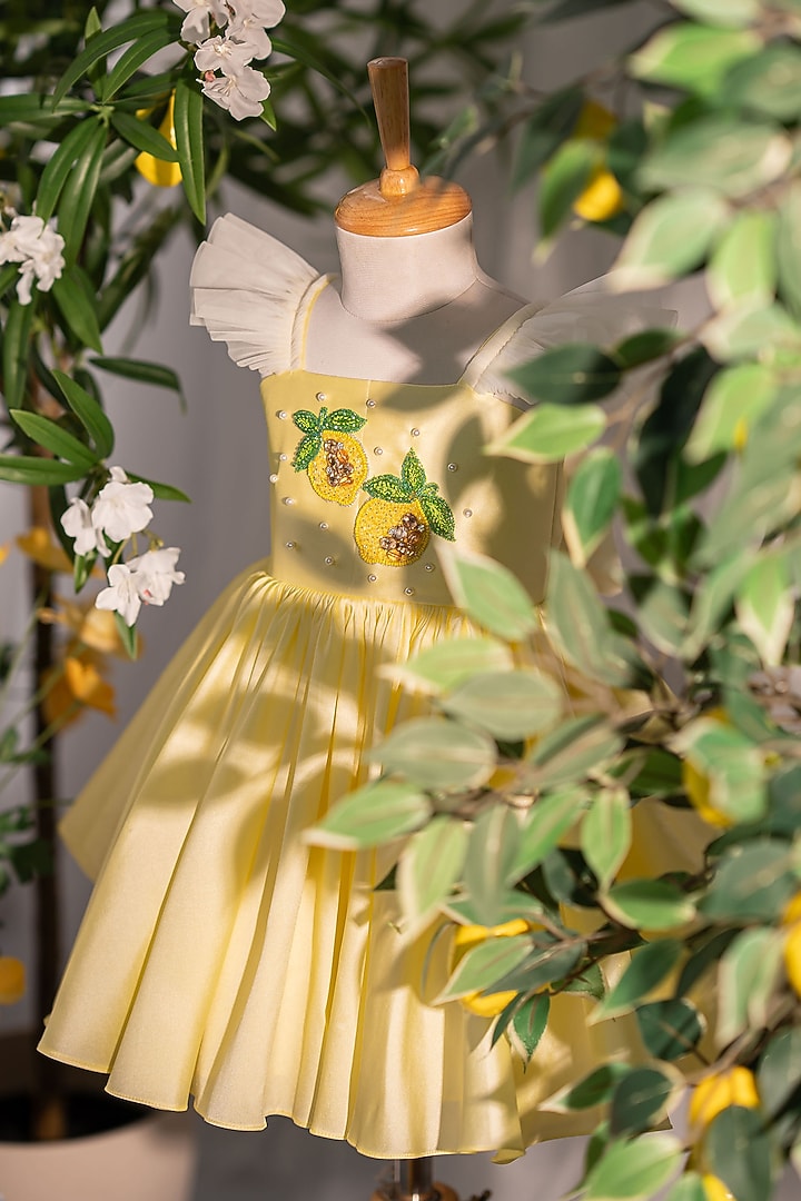 Pastel Yellow Taffeta & Tulle Hand Embellished Dress For Girls by Ruchikalathlabel at Pernia's Pop Up Shop