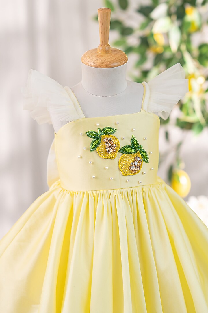 Pastel Yellow Taffeta & Tulle Hand Embellished Dress For Girls by Ruchikalathlabel at Pernia's Pop Up Shop