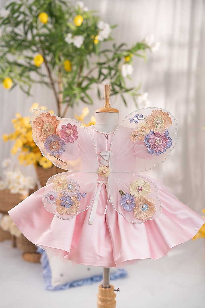 Pink Satin & Tulle Hand Embellished Dress For Girls by Ruchikalathlabel at Pernia's Pop Up Shop