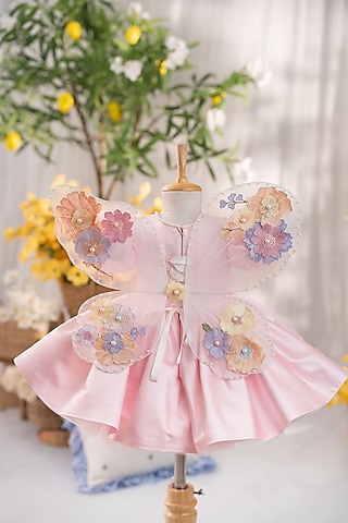 Pink Satin & Tulle Hand Embellished Dress For Girls by Ruchikalathlabel