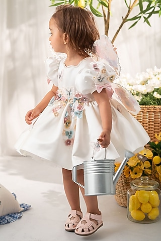 White Satin & Tulle Hand Embellished Dress For Girls by Ruchikalathlabel