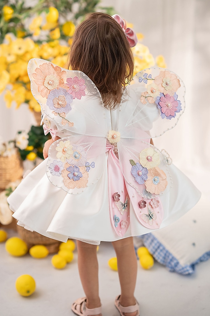 White Satin & Tulle Hand Embellished Dress For Girls by Ruchikalathlabel at Pernia's Pop Up Shop