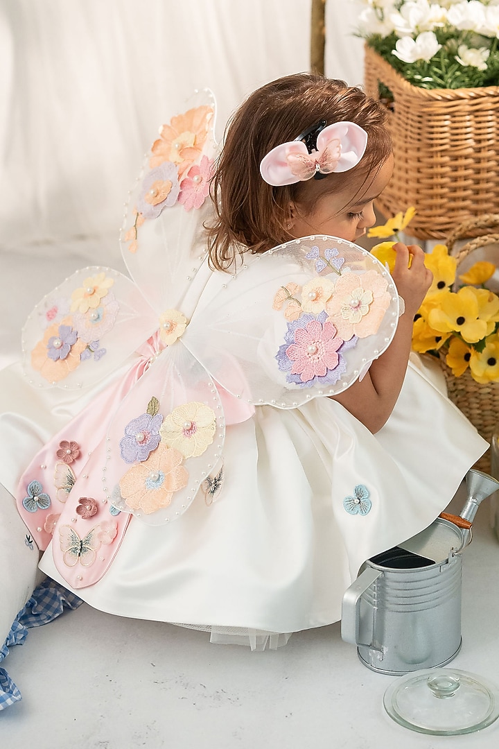 White Satin & Tulle Hand Embellished Dress For Girls by Ruchikalathlabel at Pernia's Pop Up Shop