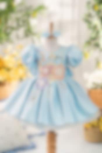 Blue Satin Floral Applique Work Dress For Girls by Ruchikalathlabel at Pernia's Pop Up Shop