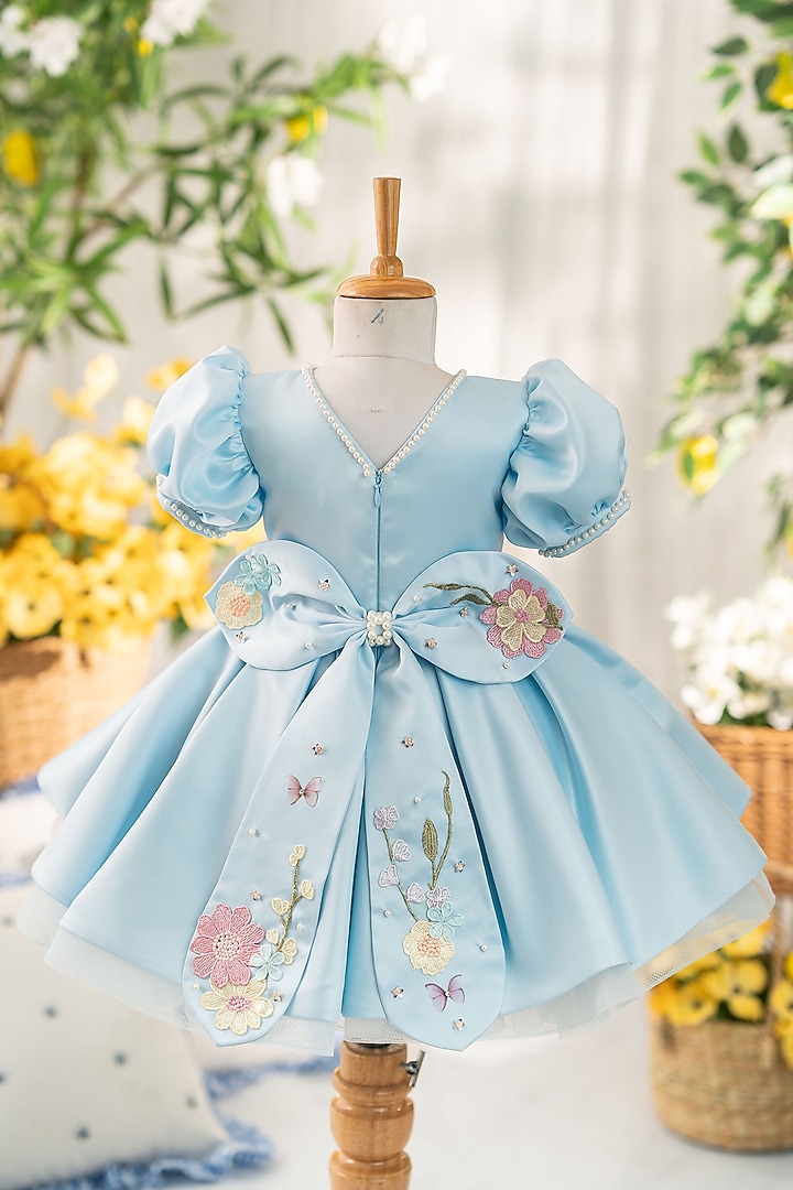 Blue Satin Floral Applique Work Dress For Girls by Ruchikalathlabel at Pernia's Pop Up Shop
