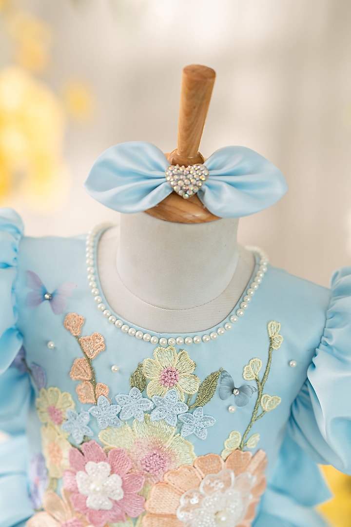 Blue Satin Floral Applique Work Dress For Girls by Ruchikalathlabel at Pernia's Pop Up Shop