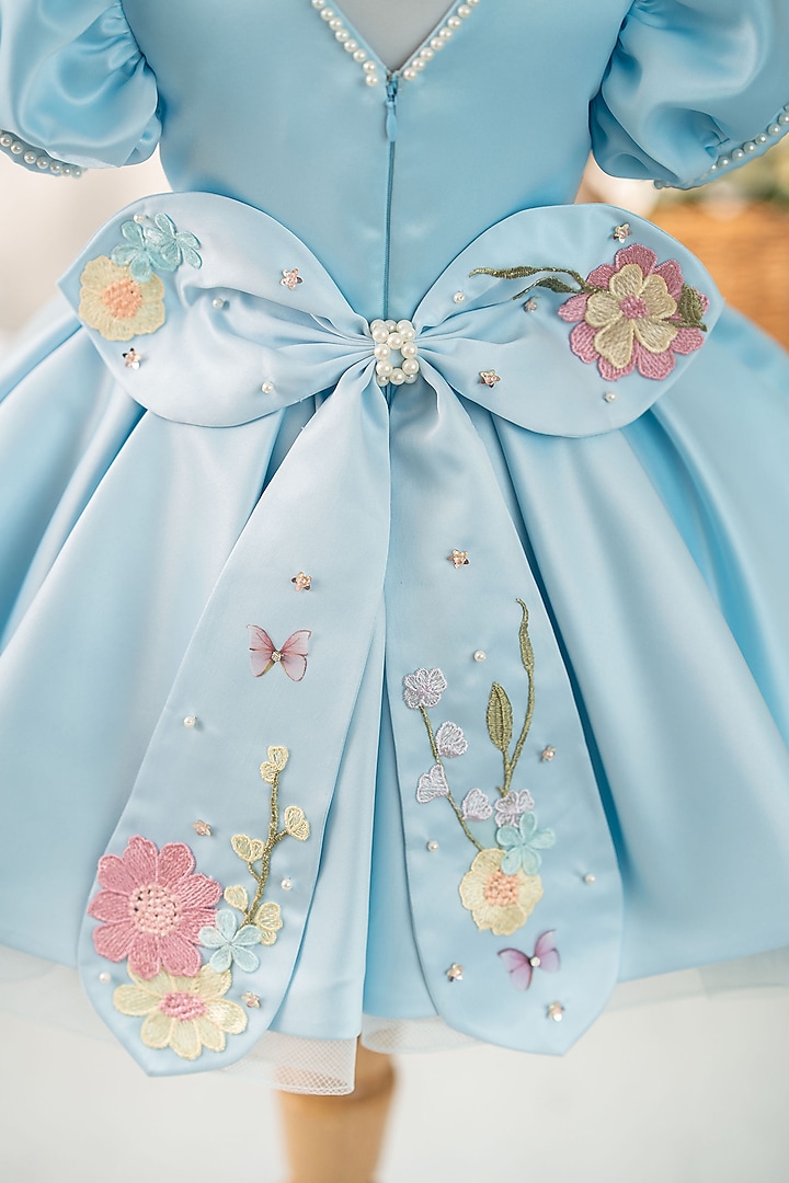 Blue Satin Floral Applique Work Dress For Girls by Ruchikalathlabel at Pernia's Pop Up Shop