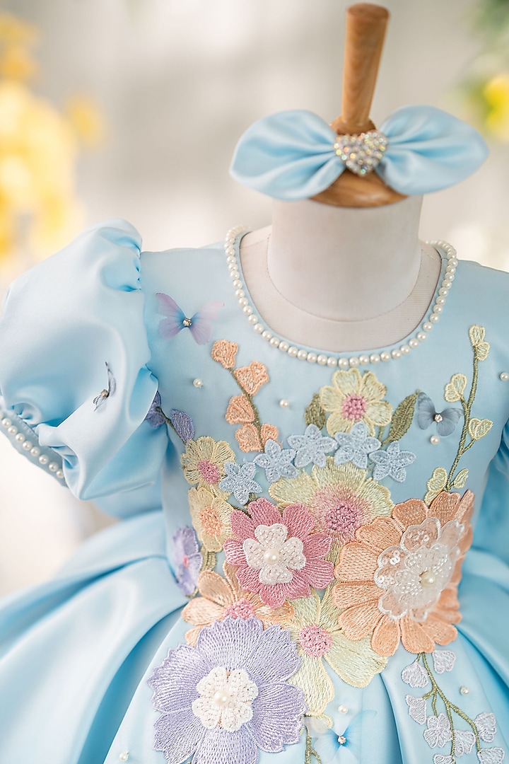 Blue Satin Floral Applique Work Dress For Girls by Ruchikalathlabel at Pernia's Pop Up Shop
