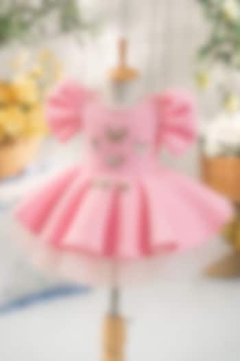 Baby Pink Scuba Hand Embroidered Flared Dress For Girls by Ruchikalathlabel at Pernia's Pop Up Shop