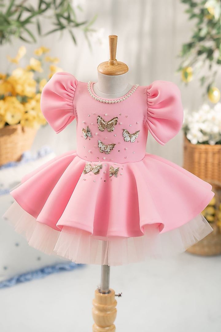 Baby Pink Scuba Hand Embroidered Flared Dress For Girls by Ruchikalathlabel at Pernia's Pop Up Shop