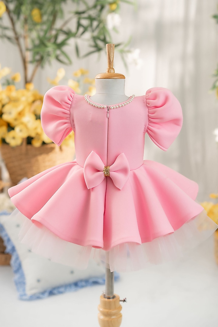 Baby Pink Scuba Hand Embroidered Flared Dress For Girls by Ruchikalathlabel at Pernia's Pop Up Shop