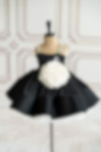 Black Bridal Satin 3D Organza Floral Flared Dress For Girls by Ruchikalathlabel at Pernia's Pop Up Shop