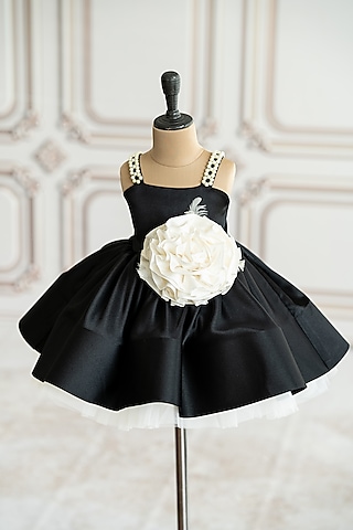 Black Bridal Satin 3D Organza Floral Flared Dress For Girls by Ruchikalathlabel