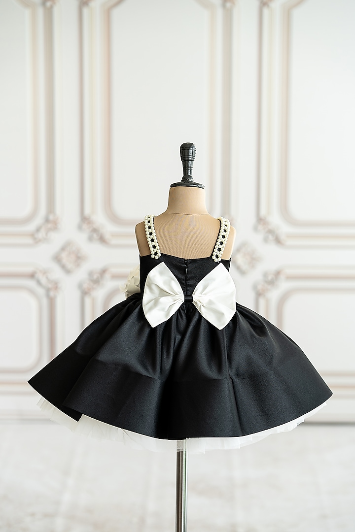 Black Bridal Satin 3D Organza Floral Flared Dress For Girls by Ruchikalathlabel at Pernia's Pop Up Shop
