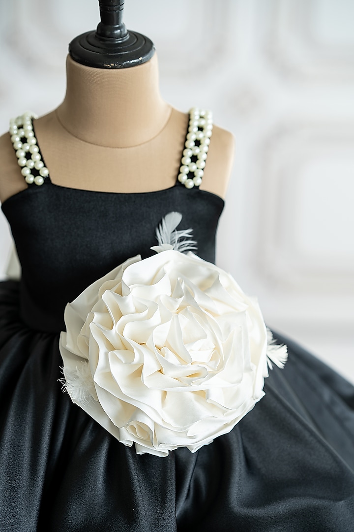 Black Bridal Satin 3D Organza Floral Flared Dress For Girls by Ruchikalathlabel at Pernia's Pop Up Shop