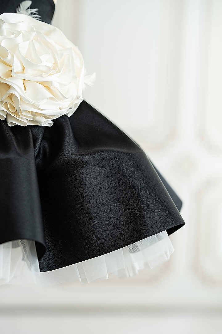 Black Bridal Satin 3D Organza Floral Flared Dress For Girls by Ruchikalathlabel at Pernia's Pop Up Shop