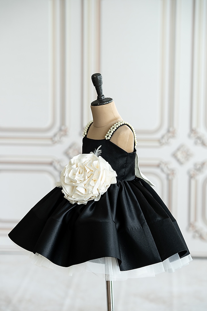 Black Bridal Satin 3D Organza Floral Flared Dress For Girls by Ruchikalathlabel at Pernia's Pop Up Shop