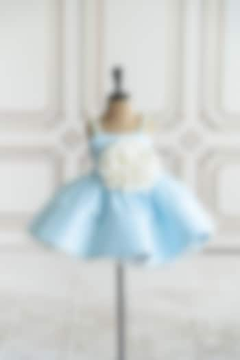 Blue Bridal Satin 3D Organza Floral Flared Dress For Girls by Ruchikalathlabel at Pernia's Pop Up Shop