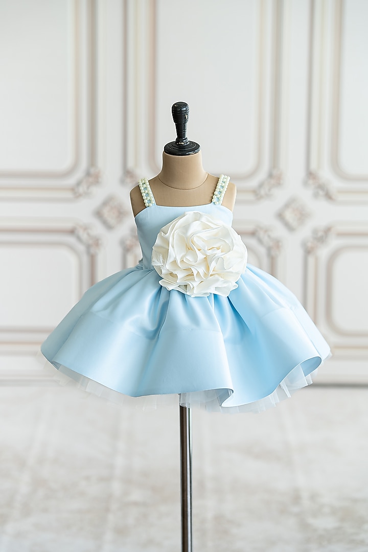 Blue Bridal Satin 3D Organza Floral Flared Dress For Girls by Ruchikalathlabel at Pernia's Pop Up Shop