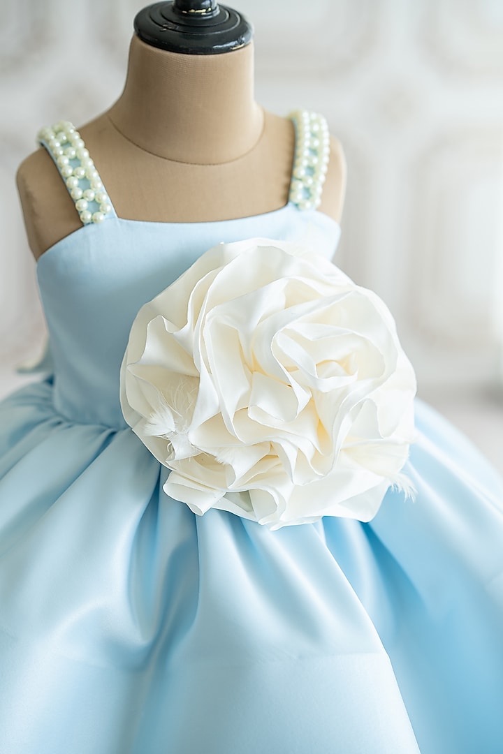 Blue Bridal Satin 3D Organza Floral Flared Dress For Girls by Ruchikalathlabel at Pernia's Pop Up Shop