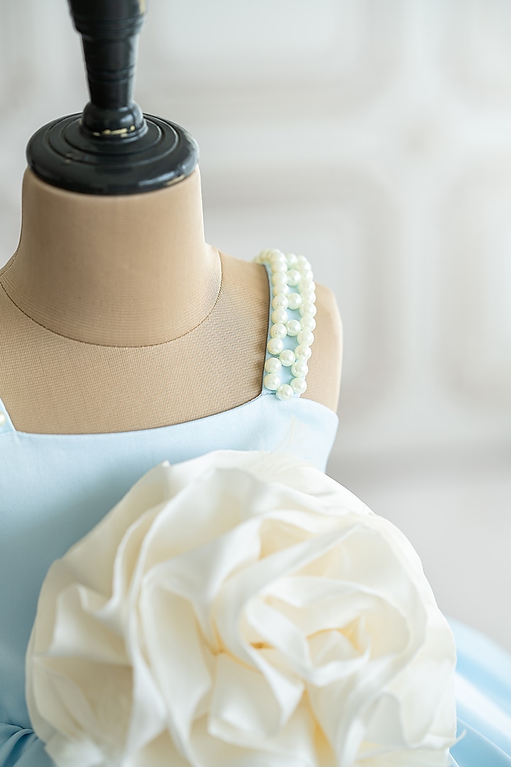 Blue Bridal Satin 3D Organza Floral Flared Dress For Girls by Ruchikalathlabel at Pernia's Pop Up Shop