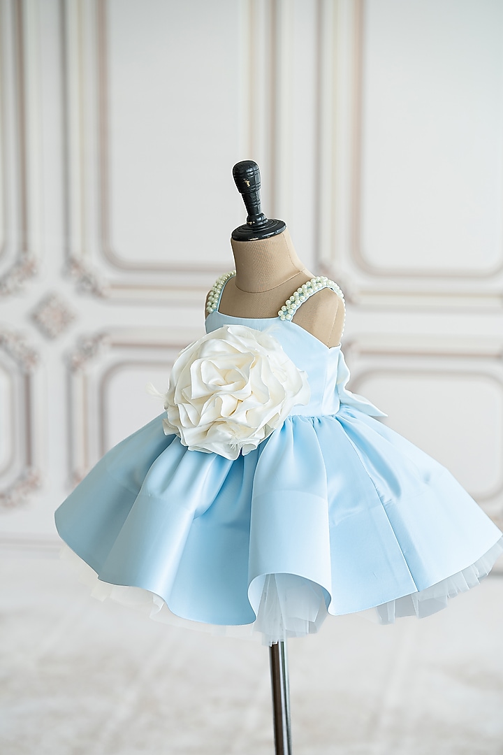 Blue Bridal Satin 3D Organza Floral Flared Dress For Girls by Ruchikalathlabel at Pernia's Pop Up Shop