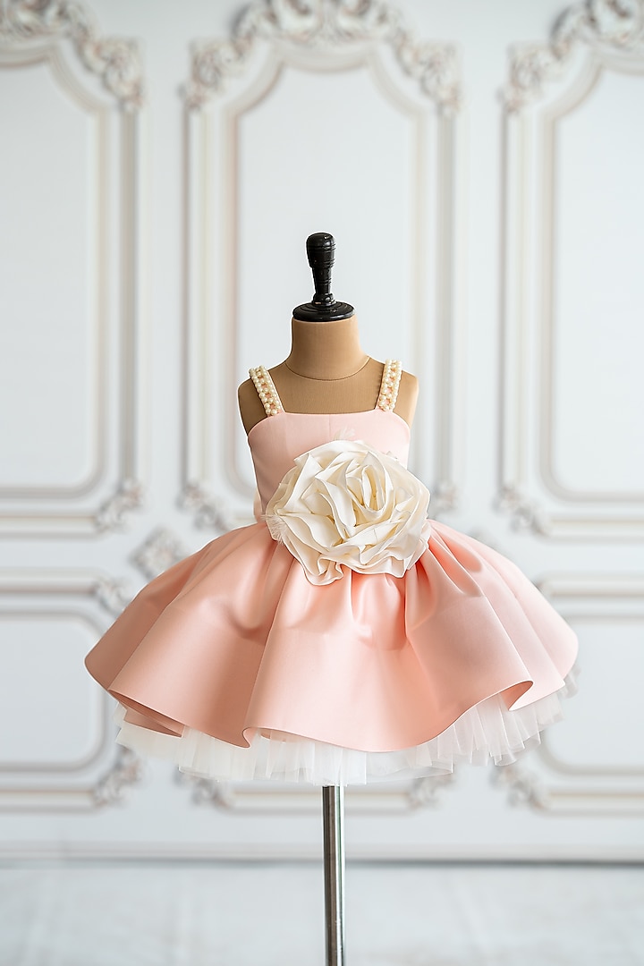 Peach Bridal Satin 3D Organza Floral Flared Dress For Girls by Ruchikalathlabel