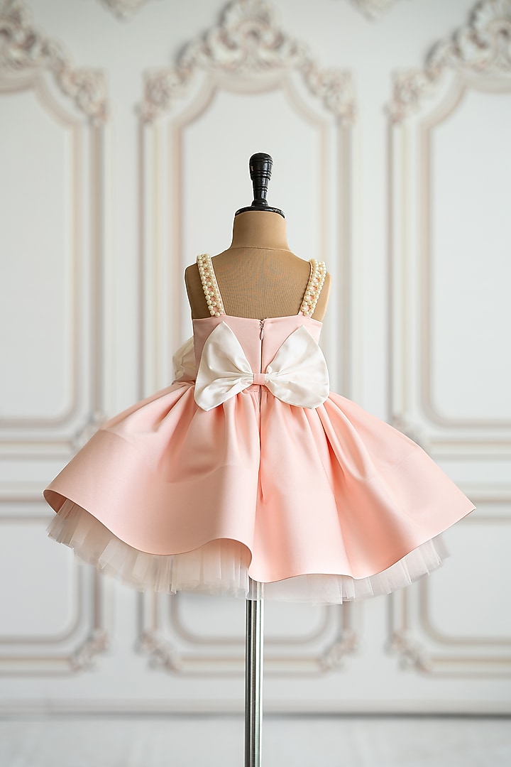 Peach Bridal Satin 3D Organza Floral Flared Dress For Girls by Ruchikalathlabel at Pernia's Pop Up Shop