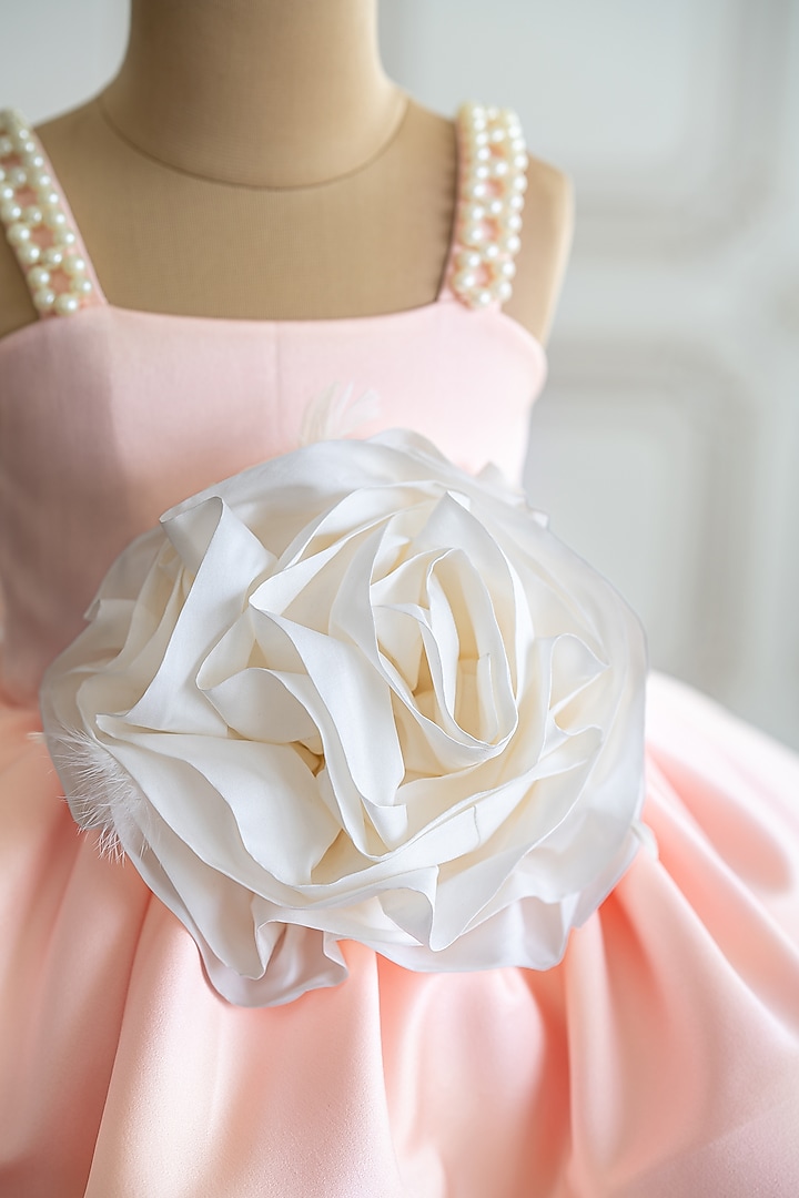 Peach Bridal Satin 3D Organza Floral Flared Dress For Girls by Ruchikalathlabel at Pernia's Pop Up Shop