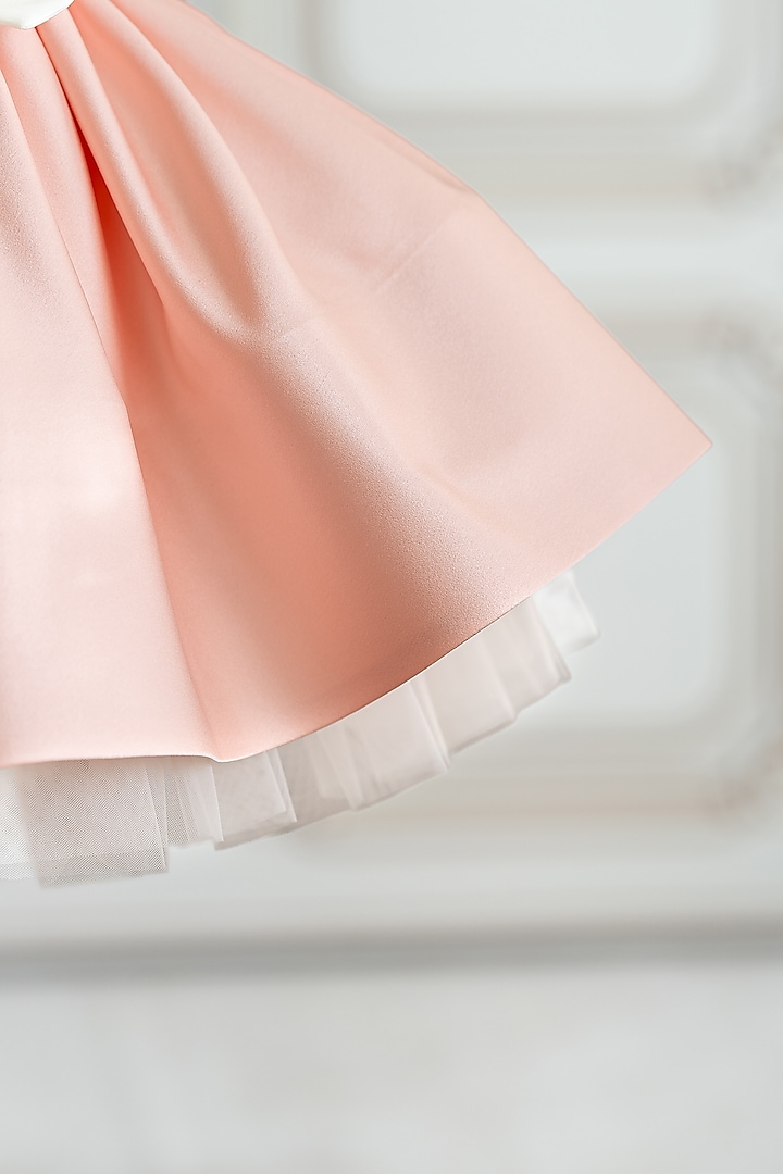 Peach Bridal Satin 3D Organza Floral Flared Dress For Girls by Ruchikalathlabel at Pernia's Pop Up Shop