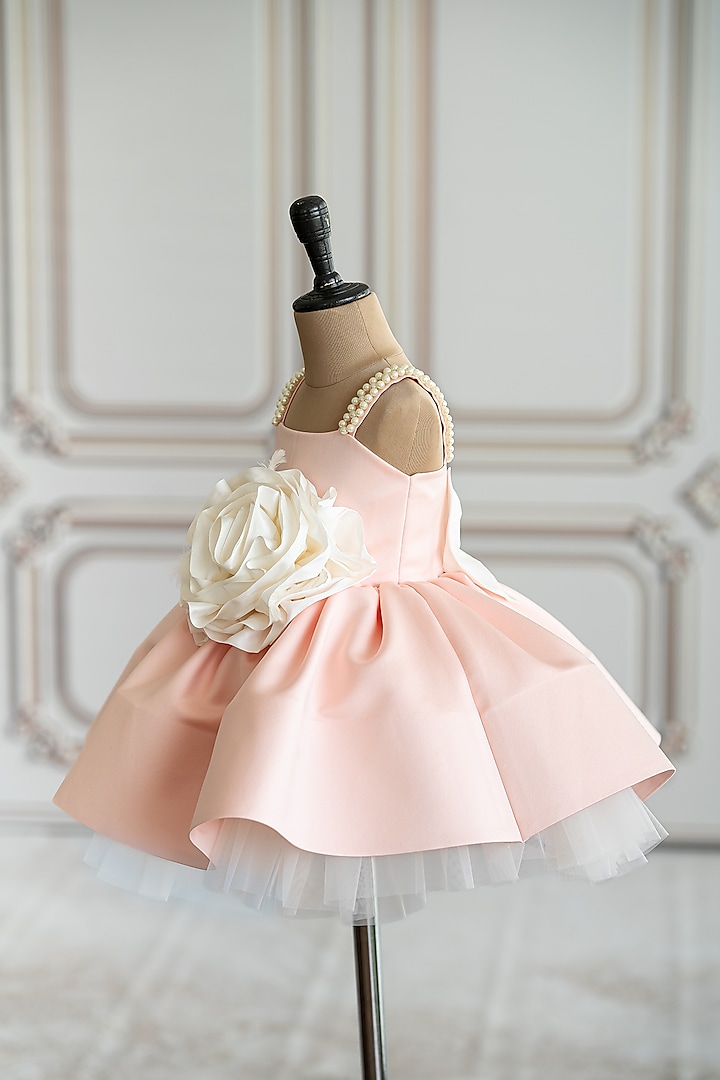 Peach Bridal Satin 3D Organza Floral Flared Dress For Girls by Ruchikalathlabel at Pernia's Pop Up Shop