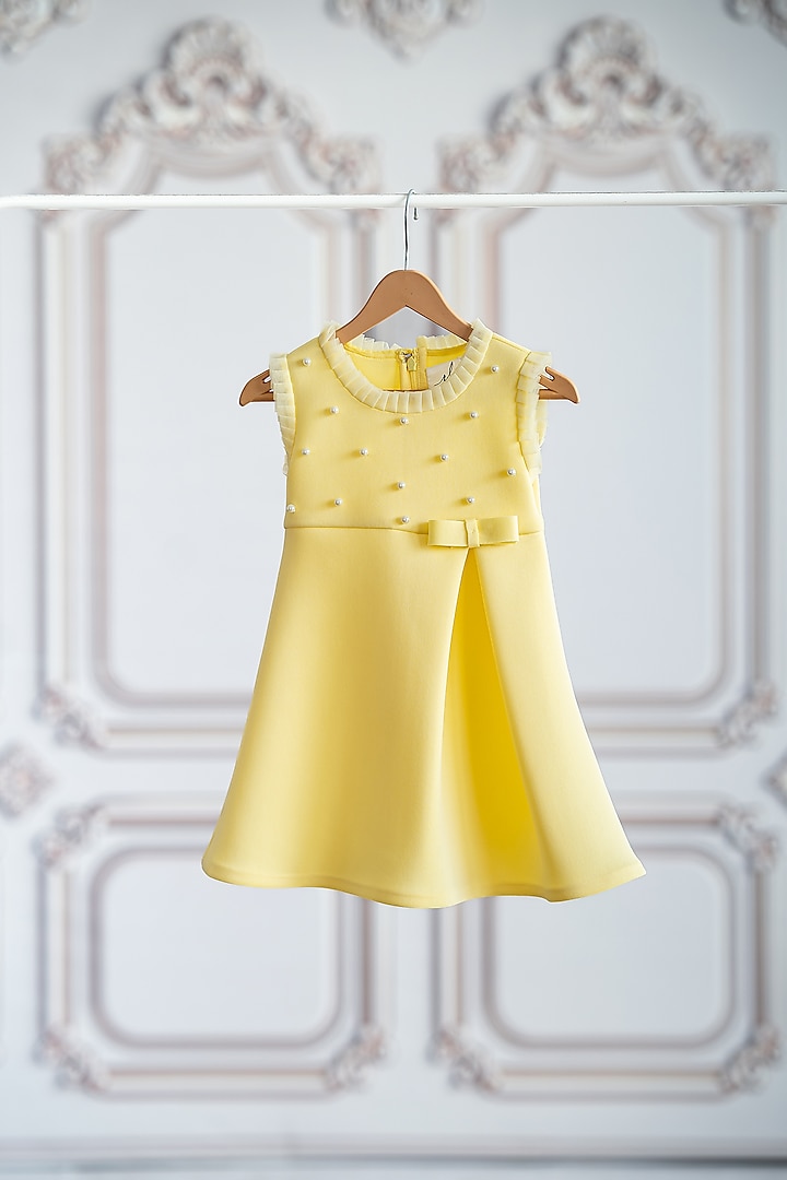 Yellow Soft Neoprene Pleated A-Line Dress For Girls by Ruchikalathlabel at Pernia's Pop Up Shop