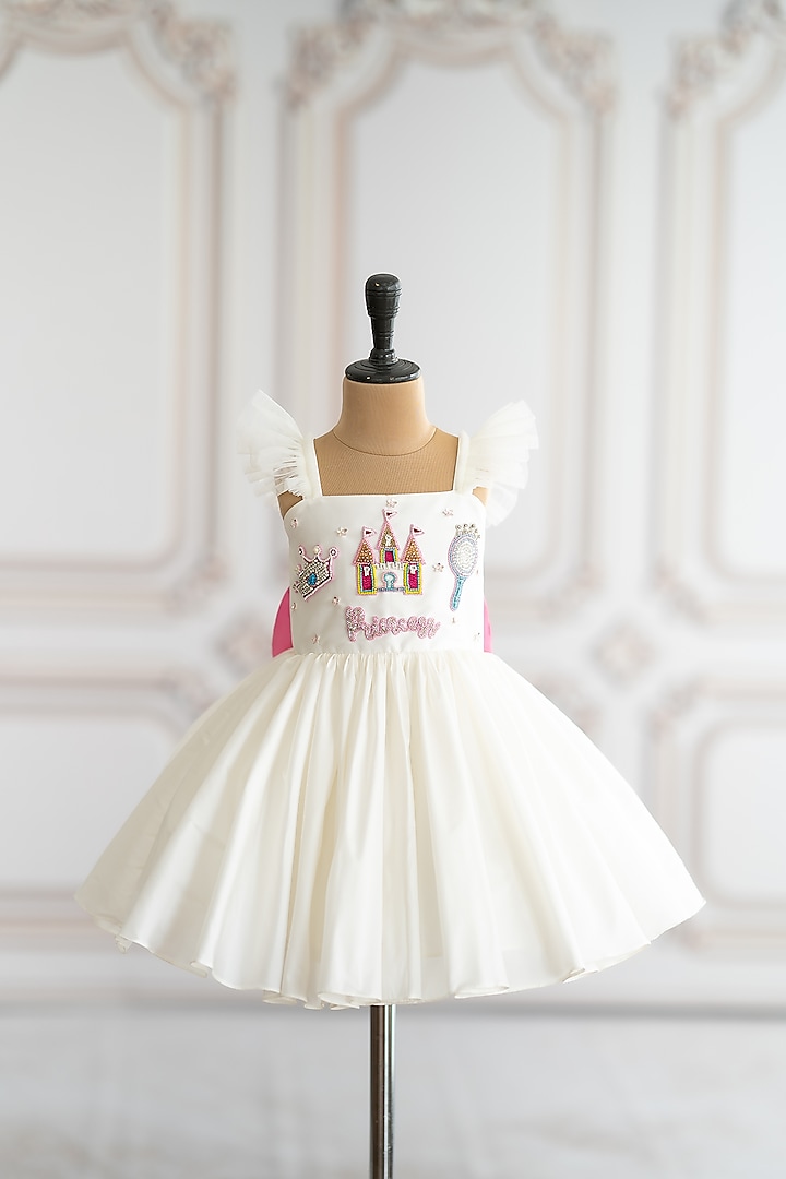 Off-White Taffeta Patch Embroidered Flared Dress For Girls by Ruchikalathlabel at Pernia's Pop Up Shop