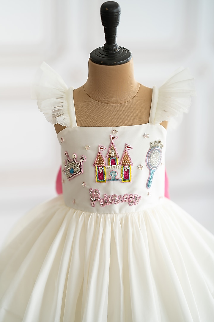 Off-White Taffeta Patch Embroidered Flared Dress For Girls by Ruchikalathlabel at Pernia's Pop Up Shop