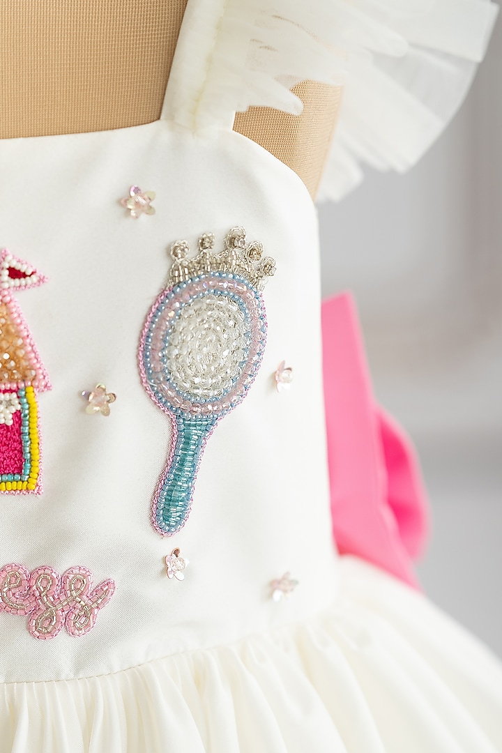 Off-White Taffeta Patch Embroidered Flared Dress For Girls by Ruchikalathlabel at Pernia's Pop Up Shop