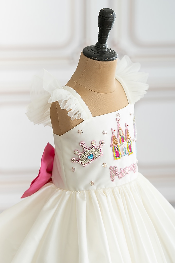Off-White Taffeta Patch Embroidered Flared Dress For Girls by Ruchikalathlabel at Pernia's Pop Up Shop